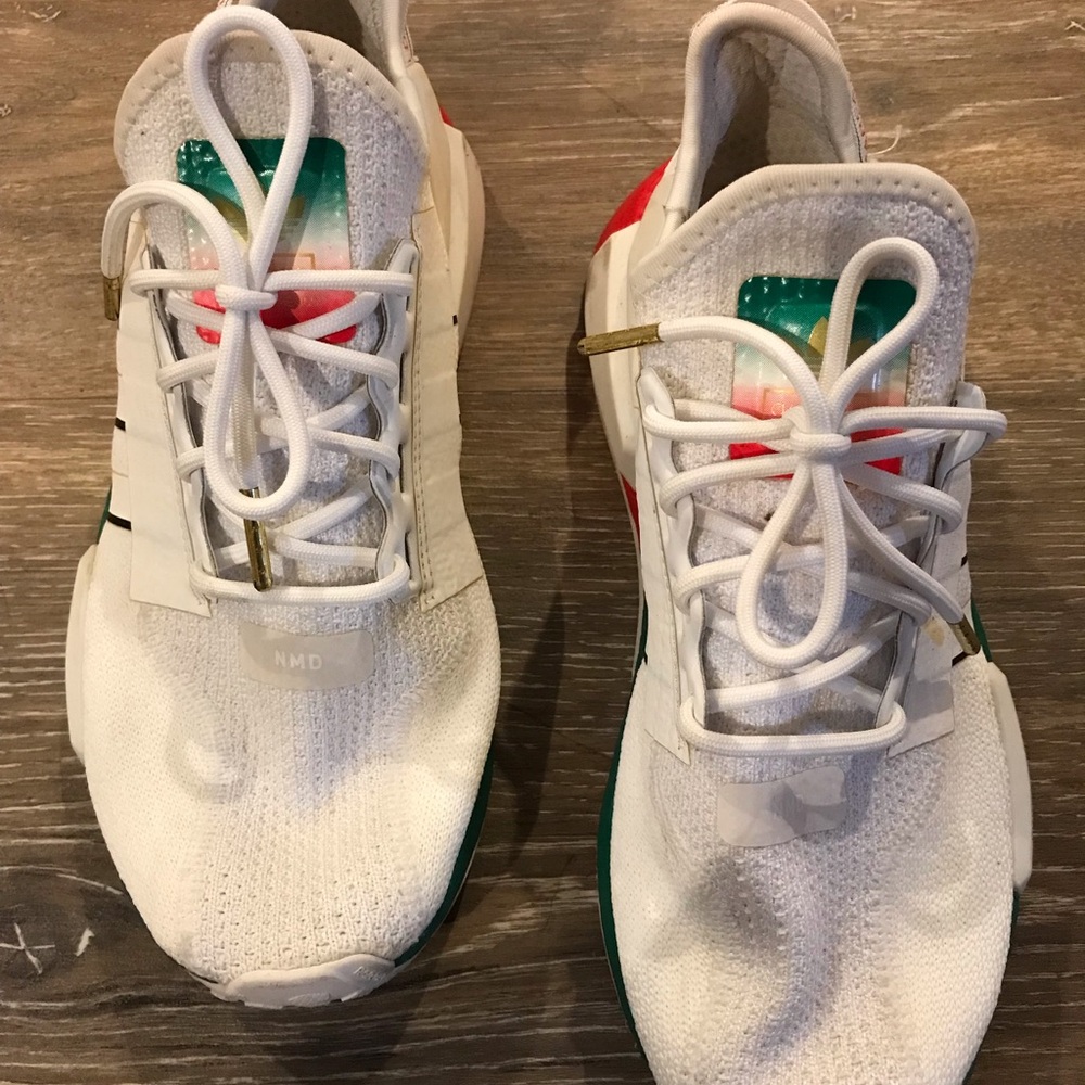 White NMD Athletic Sneakers with Green & Red Accents